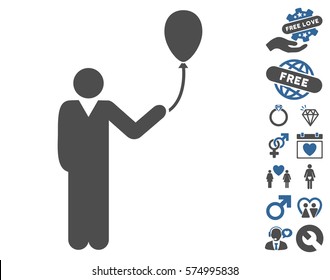 Man With Holiday Balloon pictograph with bonus lovely pictures. Vector illustration style is flat iconic cobalt and gray symbols on white background.