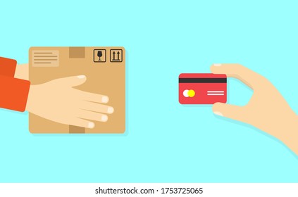 Man holing credit card to pay delivery man. Delivery man holding box. Shopping online concept. Business Marketing concept.