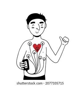 Man With Holter Heart Monitor Device Attached On Body, Showing Thumbs Up, Flat Doodle Vector Illustration In Line Art Style