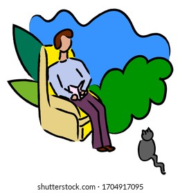 Man at home in an armchair with a book in his hands. Stay home. Vector flat illustration.
