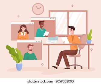 Un hombre de casa llama a sus colegas. Videoconferencia, comunicación remota, Internet. Amigos hablando en línea. Concepto de trabajo en equipo, empleado. Dibujo vectorial plano de dibujos animados aislado en fondo marrón