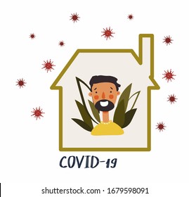 Man at home, concept temporarily concept of isolation itself. Everyone stays home during Covid-19. Independently isolate yourself from a pandemic. Virus form in the air, vector illustration