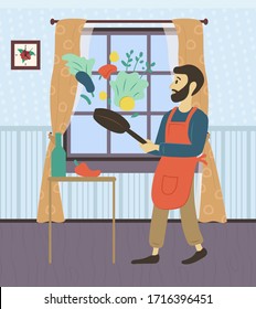 Man at home cooking lunch vector, male preparing dinner from veggies with help of pan. Preparation from vegetables, paprika and salad leaves parsley