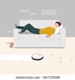 a man at home lying on the couch turns on the robot vacuum cleaner from the phone