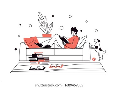  A man at home, lying on the sofa, reading books. Home library. The concept of reading paper literature. Young adult man having a rest with good book. Boy enjoying himself at home. Vector illustration