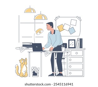 Man with home office. Businessman sits with laptop. Remote employee and freelancer in comfortable workplace. Guy with online earnings. Linear vector illustration isolated on white background