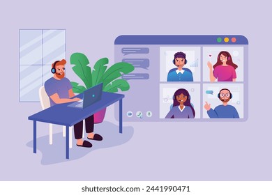 A man in a home office uses a laptop for collective virtual team building or group video conference with clients, colleagues. A man wearing headphones at his desk talks with colleagues online.