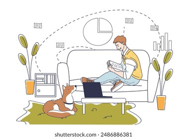 Man with home office. Young guy with laptop sitting on sofa. Comfortable workspace. Remote worker and freelancer. Person with online earnings. Linear vector illustration isolated on white background