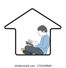 man at home reading a book. isolation during the coronovirus. vector illustration.