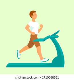 A man at home runs on a treadmill. Promotes health. Vector isolated illustration.