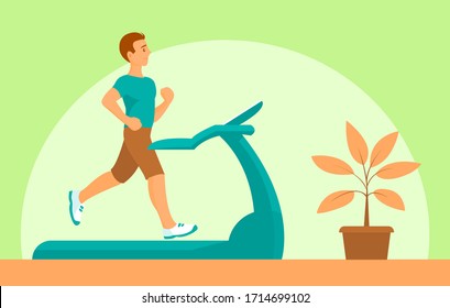 A man at home runs on a treadmill. Promotes health. Near houseplant. Vector flat illustration.