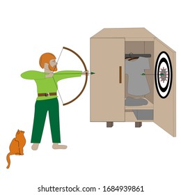 A man at home shoots a bow. There's a coronavirus in the center of the target. His cat is nearby.