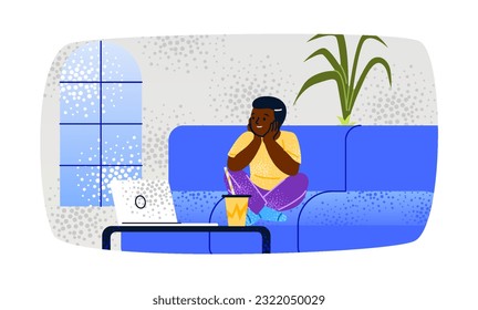 Man at home. Smiling boy sitting on couch and watching movie on laptop. Young character resting and spending time alone at leisure. Cartoon flat vector illustration isolated on white background
