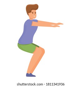 Man at Home training, squat exercise icon. Cartoon of person home training with squats vector icon for web design isolated on white background