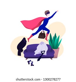 Man at home using virtual reality glasses and goes to save the world with super power. Stock vector