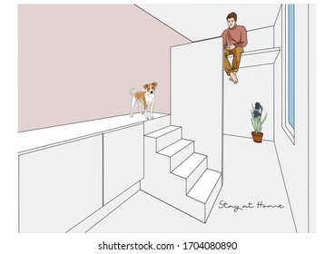 Man at home. Vector Illustration of Stay at Home concept during COVID-19 / Coronavirus pandemic / outbreak, Social Distancing, Stay Home, Stay Safe, New Normal, New way of life