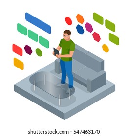 Man at home wearing Virtual Reality Headset. Technology, cyberspace and people concept. Flat 3d vector illustration