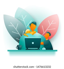 A man at home works at his computer. Children want to play with him. Work at home freelancer. Vector illustration.