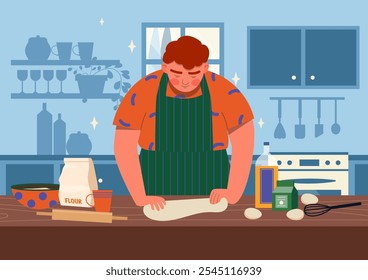 Homem com cozimento caseiro. Jovem joga massa de farinha com rolo. Chef prepara produtos de padaria e pastelaria. Sobremesa e delicadeza. Tarefas domésticas e rotina. Ilustração de vetor plano