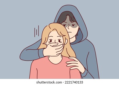 Man in hood close scared woman mouth with hand. Male criminal or offender attack terrified female. Concept of kidnapping and crime. Vector illustration. 