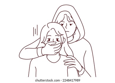 Man in hood close scared woman mouth with hand. Male criminal or offender attack terrified female. Concept of kidnapping and crime. Vector illustration. 