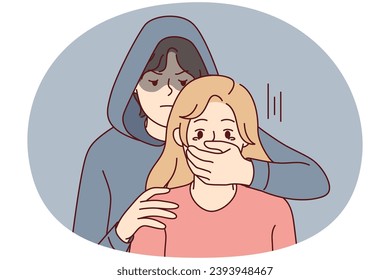 Hombre en el capó boca de mujer muy asustada con la mano. Atacan a una mujer aterrorizada por un criminal masculino o un delincuente. Concepto de secuestro y delito. Ilustración vectorial.