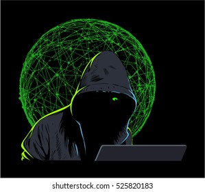 Man in the hood, internet hacker with laptop and green web on background.