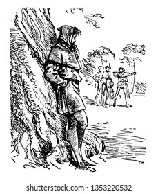 A man with hood standing near tree and looking at three men who holding bows and arrows vintage line drawing or engraving illustration