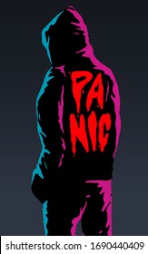 Man in the hood under pink and green neon light with Panic typography on the back