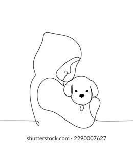 man in hooded hoodie holding Maltese dog- one line drawing vector. the concept of finding a dog, adopting a dog from a shelter, dog owner