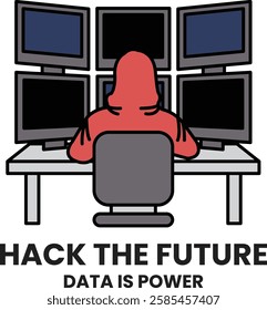 A man in a hoodie is hacking into a computer in the style of sign illustrations