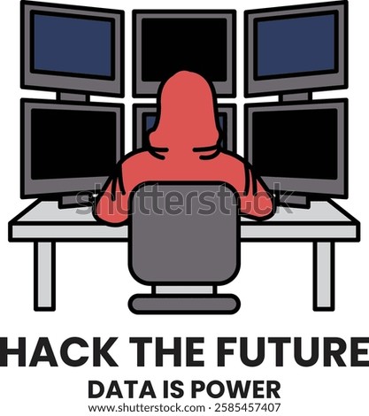 A man in a hoodie is hacking into a computer in the style of sign illustrations