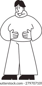 Man in hoodie holding belly with both hands, wincing in pain, clean line drawing style. Concept of health, stomach pain, digestive issue, discomfort, symptom awareness. Cartoon vector illustration.