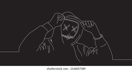 Man in hoodie and mask. Minimalist line drawing masked man. Continuous line, vector illustration for t-shirt, slogan design print graphic style.