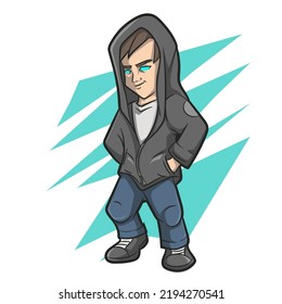 man in hoodie with neon eyes, mascot logo design, vector illustration