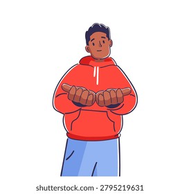 Man in hoodie with open palms extended forward, friendly stance and soft outline. Symbol of help, welcome, support, trust, and generosity. Cartoon vector illustration.