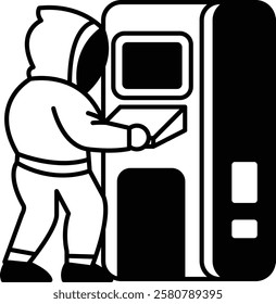 A man in a hoodie is standing in front of a vending machine. He is reaching for something inside the machine
