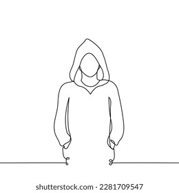 man and hoodie stands looking at the viewer  his head is hood and hands in pockets