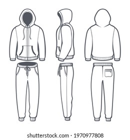 Man hoodie tracksuit. Male sweatshirt with hood and sweatpants template, active sportswear with jacket and pants mockup design vector illustration