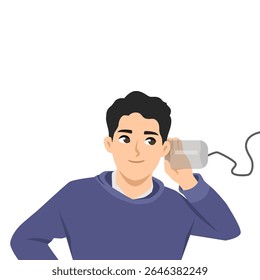 Man in a hoodie is using a tin can phone, symbolizing playful or old fashioned communication. Flat Vector character illustration
