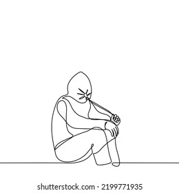 man in a hoody tightened the drawstring on the hood hiding his face - one line drawing vector. concept wanting to hide, isolate, disappear, shame, modesty, cringe