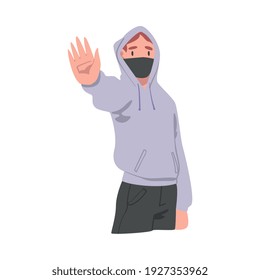 Man in Hoody Wearing Medical Face Mask Showing Stop Virus Sign with His Hand Vector Illustration