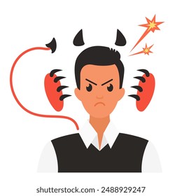 Man with horns and devils tail feeling anger and rage, hate emotion vector illustration