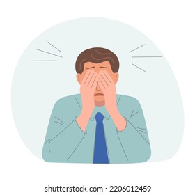 Man in horror, panic, fear. Upset guy in shock. Vector illustration of a young man covering his face with his hands. Isolated on a gray background. flat style.