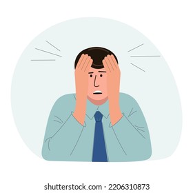 Man in horror, panic, shock. Upset, frightened guy. Vector illustration of a young man covering his face with his hands with his mouth open. Isolated on a gray background. flat style.