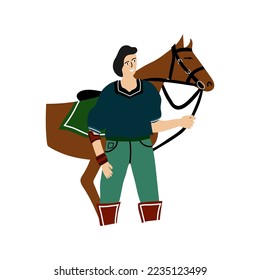Man and horse athletes with sport facilities flat vector illustration.Fun player of polo with horse hand drawn character isolated on white background.Childish t-shirt print design.