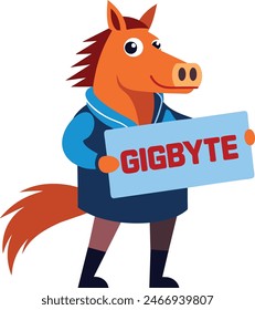 Man in a horse costume with the inscription on the sign Gigabyte vector art illustration 1