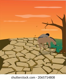 A man and a horse drinking lake water at the land of drought. Illustration of drought in square version.