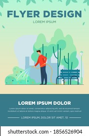 Man with hose watering bush in city park. Gardener, state worker, municipal service flat vector illustration. Urban greening, landscaping work concept for banner, website design or landing web page