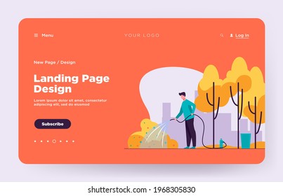 Man with hose watering bush in city park. Gardener, state worker, municipal service flat vector illustration. Urban greening, landscaping work concept for banner, website design or landing web page